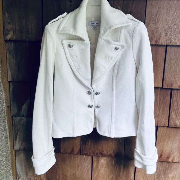 BEBE Rare Vintage Cropped Fitted Jersey Off-white Jacket Lined 💯 Cotton S - Picture 2 of 12